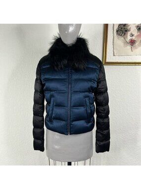 Prada Dual Color Satin Down Fox Fur Collar Puffer Jacket Logo Triangle Sleeve
